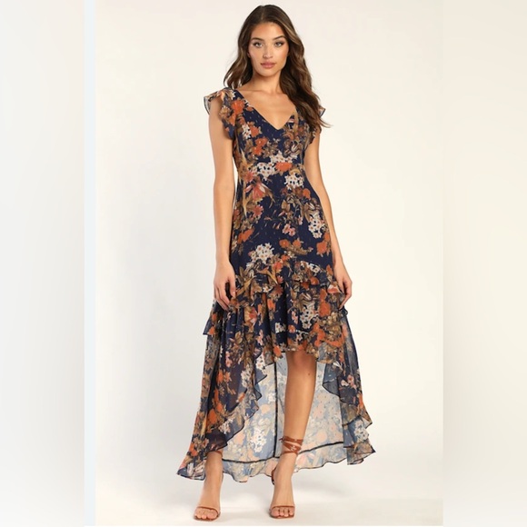 Lulu's Stunning Favorite Navy Blue Floral Ruffled High-Low Maxi Dress.NWT Size S